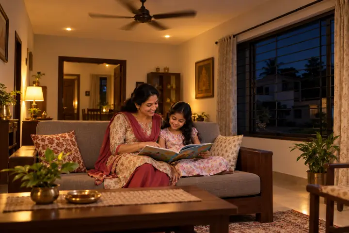 A mother and daughter reading at home with the lights and fan on during a power cut
