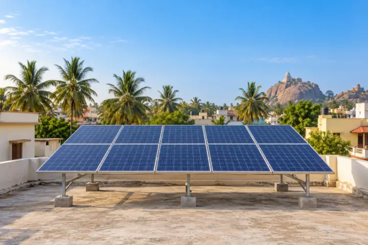 Rooftop solar panels on a house terrace in Trichy